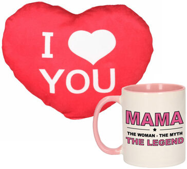 Bellatio Decorations Mama the legend mok/beker 300 ml roze incl. sierkussentje hart vorm 12 cm - feest mokken Multikleur