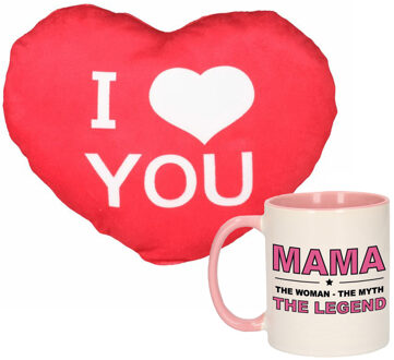 Bellatio Decorations Mama the legend mok/beker 300 ml roze incl. sierkussentje hart vorm 15 cm - feest mokken Multikleur