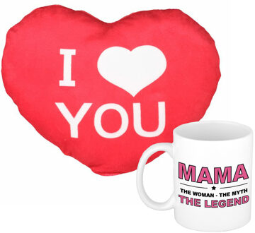 Bellatio Decorations Mama the legend mok/beker 300 ml wit incl. sierkussentje hart vorm 12 cm - feest mokken Roze