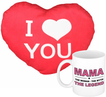 Bellatio Decorations Mama the legend mok/beker 300 ml wit incl. sierkussentje hart vorm 15 cm - feest mokken