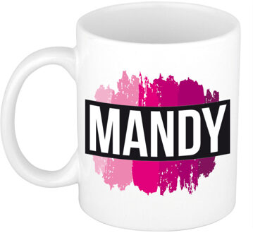 Bellatio Decorations Mandy naam cadeau koffie mok - beker - met roze verfstrepen - Cadeau collega - moederdag