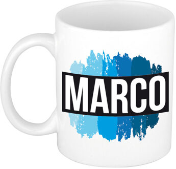 Bellatio Decorations Marco naam cadeau koffie mok - beker - met blauw verfstrepen - Cadeau collega - vaderdag