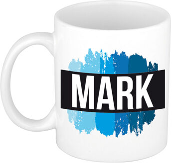 Bellatio Decorations Mark naam cadeau koffie mok - beker - met blauw verfstrepen - Cadeau collega - vaderdag