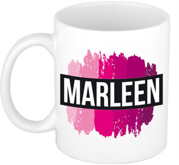 Bellatio Decorations Marleen naam cadeau koffie mok - beker - met roze verfstrepen - Cadeau collega - moederdag