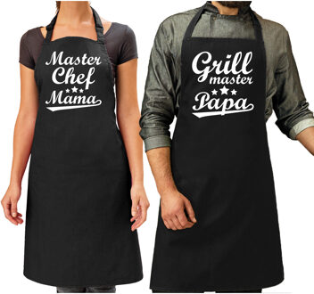 Bellatio Decorations Master chef mama keukenschort en Grilmaster papa bbq schort - Cadeau schorten set voor Papa en Mama