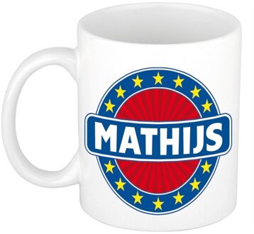 Bellatio Decorations Mathijs voornaam koffiemok - beker - wit/blauw - 300 ml - Cadeau - Heren - Collega - Vaderdag