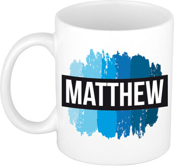Bellatio Decorations Matthew naam cadeau koffie mok - beker - met blauw verfstrepen - Cadeau collega - vaderdag