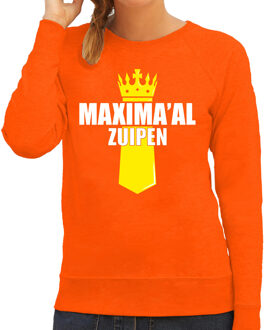 Bellatio Decorations Maximaal zuipen met kroontje Koningsdag sweater / trui oranje voor dames L
