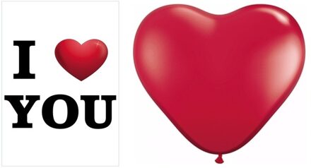 Bellatio Decorations Mega poster I Love You A1 formaat en 25 stuks rode hartjes ballonnen - Feestpakketten