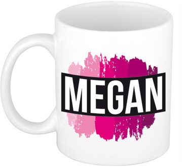 Bellatio Decorations Megan naam cadeau koffie mok - beker - met roze verfstrepen - Cadeau collega - moederdag