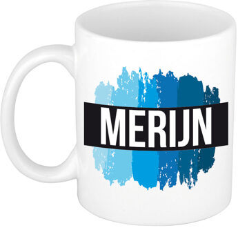 Bellatio Decorations Merijn naam cadeau koffie mok - beker - met blauw verfstrepen - Cadeau collega - vaderdag