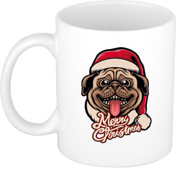 Bellatio Decorations Merry Christmas hond kerstmok / kerstbeker wit 300 ml - Bekers