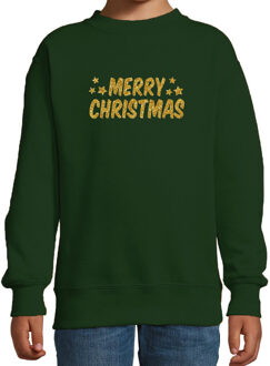 Bellatio Decorations Merry Christmas Kerst sweater / trui groen voor kinderen met gouden glitter bedrukking 12-13 jaar (152/164) - kerst trui