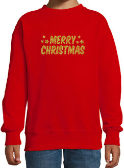 Bellatio Decorations Merry Christmas Kerst sweater / trui rood voor kinderen met gouden glitter bedrukking 12-13 jaar (152/164) - kerst truie