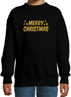 Bellatio Decorations Merry Christmas Kerst sweater / trui zwart voor kinderen met gouden glitter bedrukking