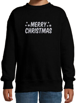 Bellatio Decorations Merry Christmas Kerst sweater / trui zwart voor kinderen met zilveren glitter bedrukking 12-13 jaar (152/164) - kerst tr