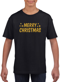 Bellatio Decorations Merry Christmas Kerst t-shirt zwart voor kinderen met gouden glitter bedrukking L (140-152)