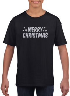 Bellatio Decorations Merry Christmas Kerst t-shirt zwart voor kinderen met zilveren glitter bedrukking M (116-134)