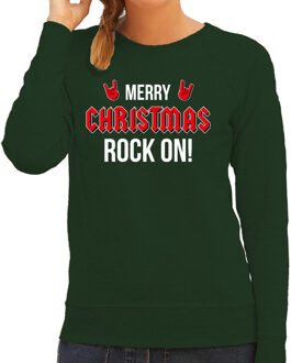 Bellatio Decorations Merry Christmas Rock on foute Kerstsweater / Kersttrui groen voor dames 2XL - kerst truien