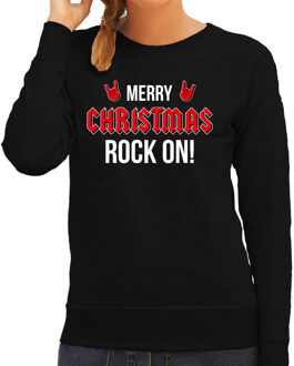 Bellatio Decorations Merry Christmas Rock on foute Kerstsweater / Kersttrui zwart voor dames 2XL - kerst truien