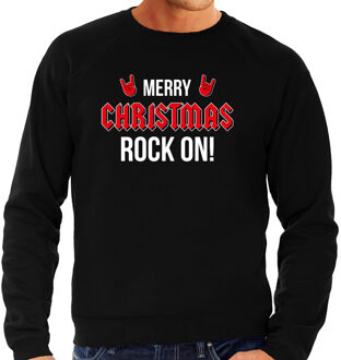 Bellatio Decorations Merry Christmas Rock on foute Kerstsweater / Kersttrui zwart voor heren 2XL - kerst truien