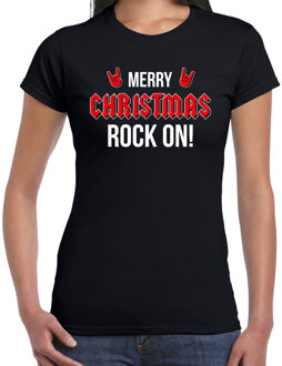 Bellatio Decorations Merry Christmas rock on Kerst t-shirt zwart voor dames 2XL