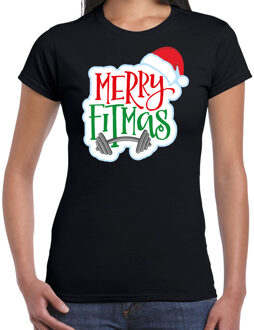 Bellatio Decorations Merry fitmas Kerstshirt - kert outfit - zwart - voor dames - kleding