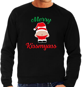 Bellatio Decorations Merry Kissmyass foute Kerstsweater / Kersttrui zwart voor heren 2XL - kerst truien