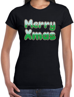 Bellatio Decorations Merry xmas fout Kerst t-shirt zwart voor dames M