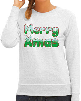 Bellatio Decorations Merry xmas foute Kerstsweater / Kersttrui grijs voor dames 2XL - kerst truien