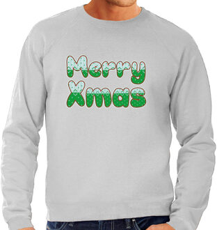 Bellatio Decorations Merry xmas foute Kerstsweater / Kersttrui grijs voor heren 2XL - kerst truien