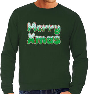 Bellatio Decorations Merry xmas foute Kerstsweater / Kersttrui groen voor heren 2XL - kerst truien