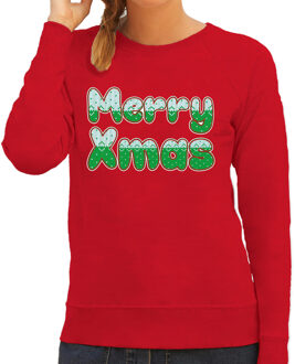 Bellatio Decorations Merry xmas foute Kerstsweater / Kersttrui rood voor dames 2XL - kerst truien