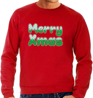 Bellatio Decorations Merry xmas foute Kerstsweater / Kersttrui rood voor heren 2XL - kerst truien