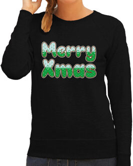 Bellatio Decorations Merry xmas foute Kerstsweater / Kersttrui zwart voor dames 2XL - kerst truien