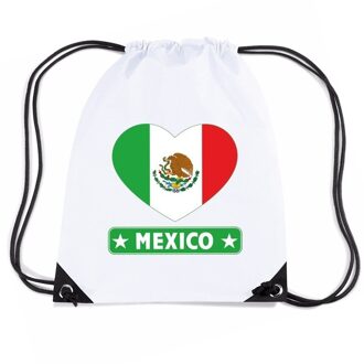 Bellatio Decorations Mexico nylon rijgkoord rugzak/ sporttas wit met Mexicaanse vlag in hart