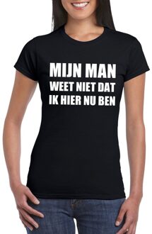 Bellatio Decorations Mijn man weet niet dat ik hier nu ben dames T-shirt zwart