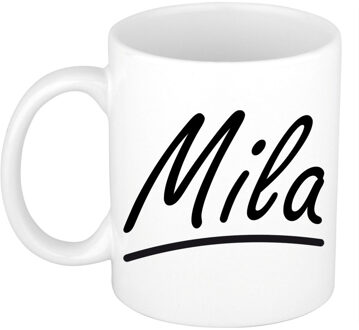 Bellatio Decorations Mila Naam koffiemok - beker - met sierlijke letters - wit - 300 ml - Cadeau - Dames