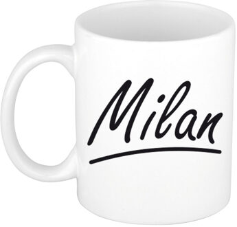 Bellatio Decorations Milan Naam koffiemok - beker - met sierlijke letters - wit - 300 ml - Cadeau - Heren