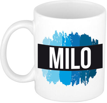 Bellatio Decorations Milo naam cadeau koffie mok - beker - met blauw verfstrepen - Cadeau collega - vaderdag