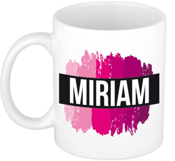 Bellatio Decorations Miriam naam cadeau koffie mok - beker - met roze verfstrepen - Cadeau collega - moederdag