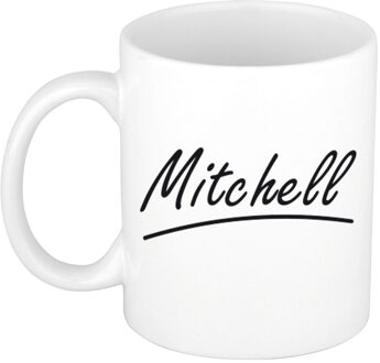 Bellatio Decorations Mitchell Naam koffiemok - beker - met sierlijke letters - wit - 300 ml - Cadeau - Heren