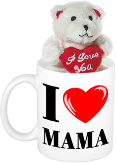 Bellatio Decorations Moederdag cadeau I Love Mama beker / mok 300 ml met beige knuffelbeertje met love hartje