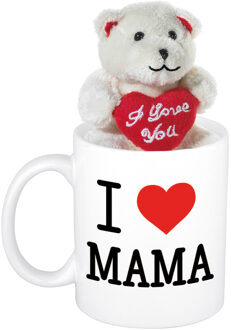 Bellatio Decorations Moederdag cadeau I Love Mama beker / mok 300 ml met beige knuffelbeertje met love hartje