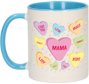Bellatio Decorations Moederdag cadeau koffiemok - hartjes snoepjes - blauw - mok met tekst - verjaardag - mama/moeder