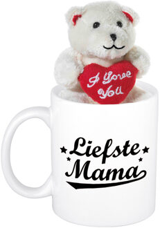 Bellatio Decorations Moederdag cadeau Liefste mama beker / mok 300 ml met beige knuffelbeertje met love hartje