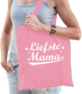 Bellatio Decorations Moederdag cadeau tas - liefste mama - roze - katoen - 42 x 38 cm - Feest Boodschappentassen