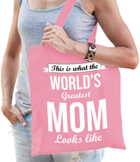 Bellatio Decorations Moederdag cadeau tas - world's greatest mom - roze - katoen - 42 x 38 cm