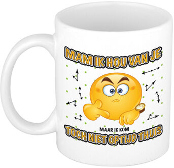 Bellatio Decorations Moederdag mok - optijd thuis - wit - 300 ml - keramiek - feest mokken Geel