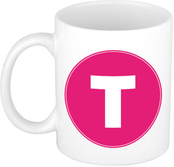 Bellatio Decorations Mok / beker met de letter T roze bedrukking voor het maken van een naam / woord of team